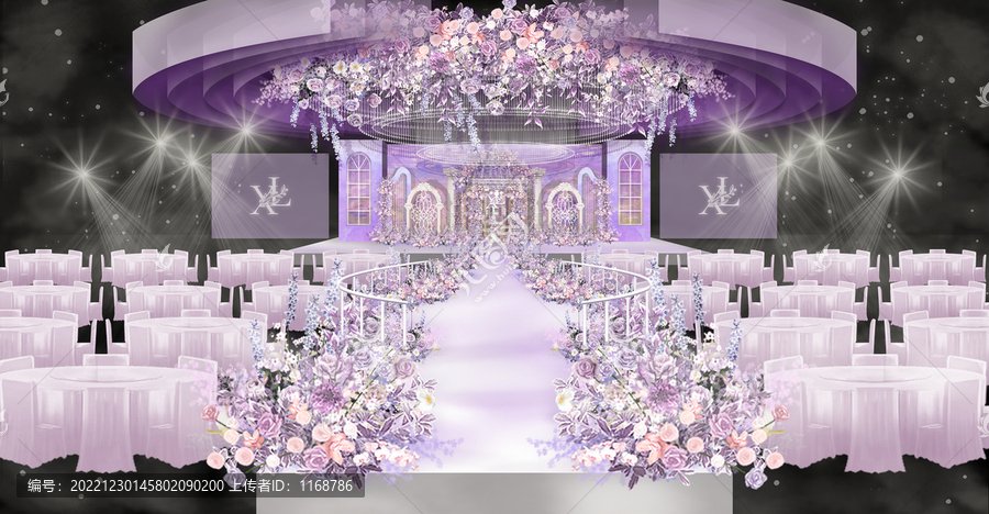 紫色莫奈手绘婚礼舞台效果图