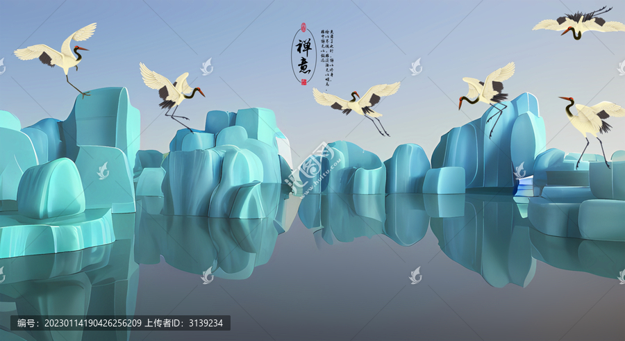 3D玉雕山水仙鹤背景墙