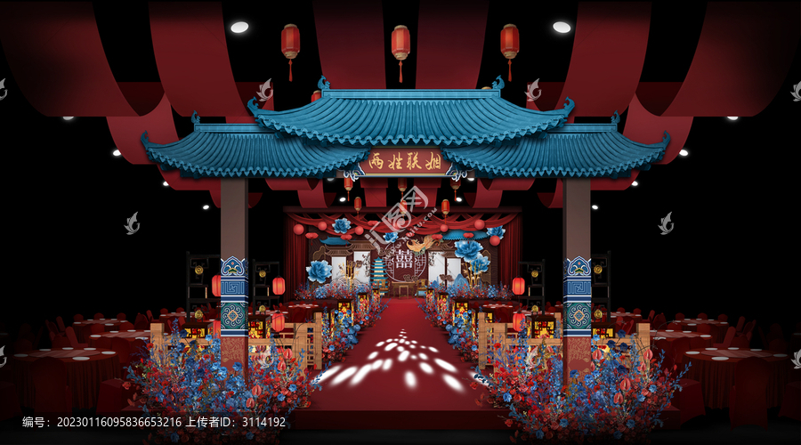 红蓝中式仪式区婚礼手绘效果图