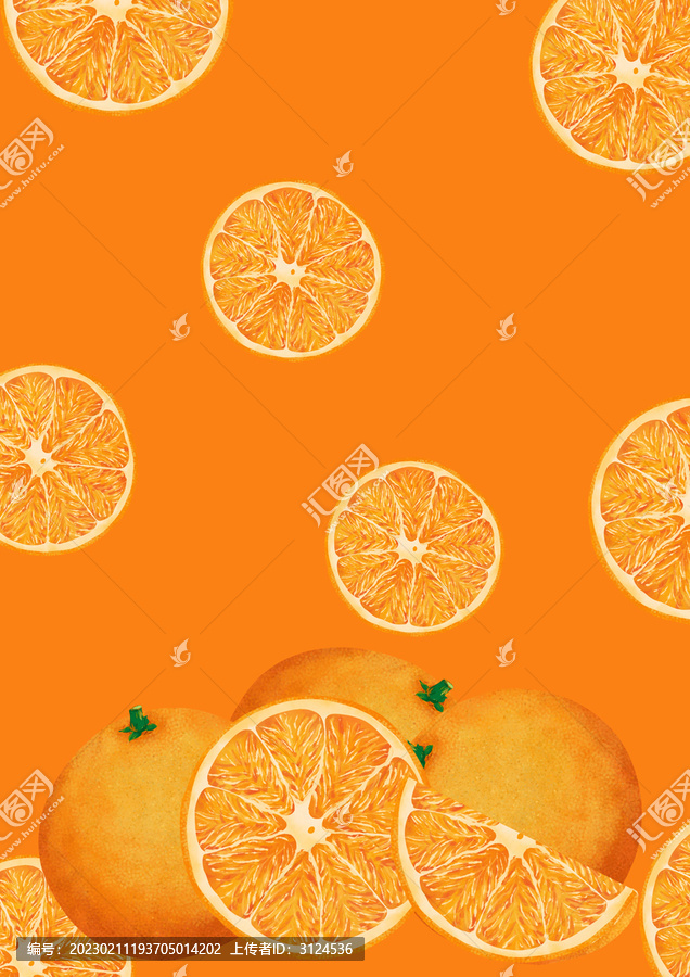 新鲜水果切片背景清新插画橙子