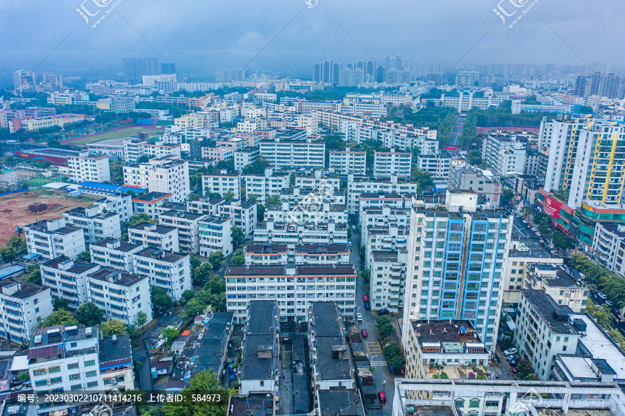 航拍海南文昌湿润雨雾笼罩城镇