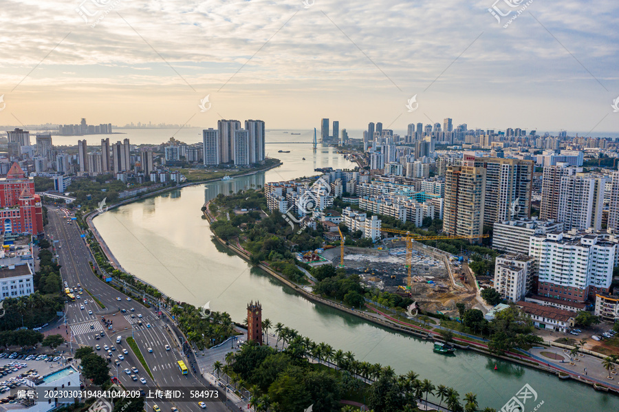 航拍海南海口海甸河海甸溪黄昏