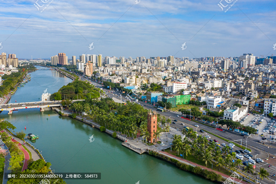 航拍海南海口钟楼海甸溪畔建筑