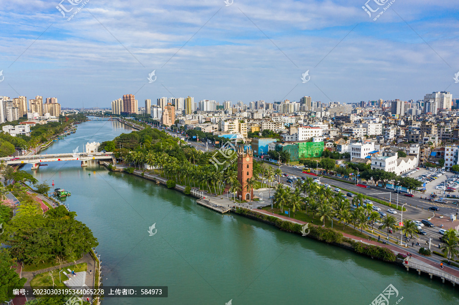 航拍海南海口钟楼海甸溪畔建筑