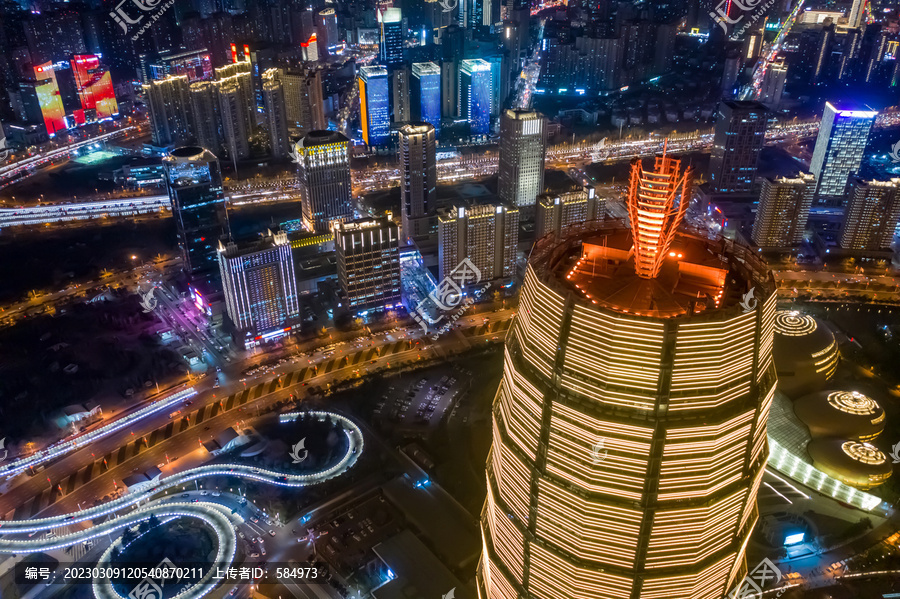 航拍郑州千玺广场大玉米楼夜景