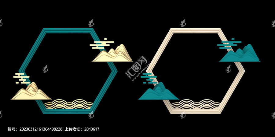 3D渲染祥云国潮山水边框