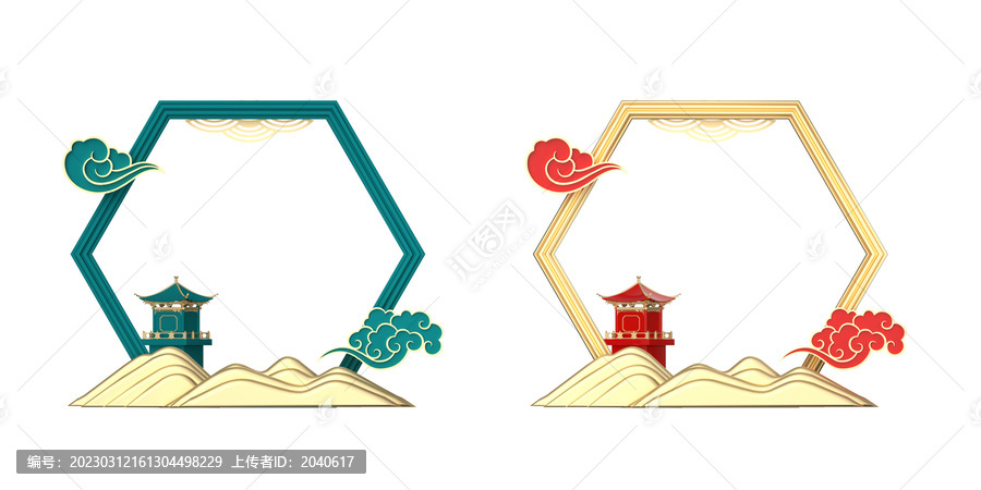 3D渲染祥云国潮建筑边框