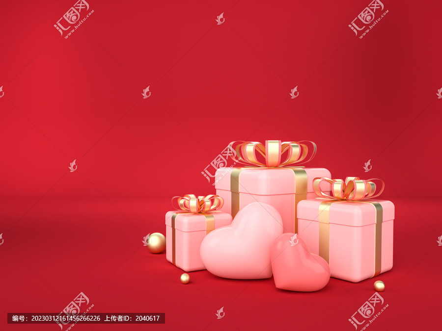 3D粉色爱心粉色礼盒红色场景