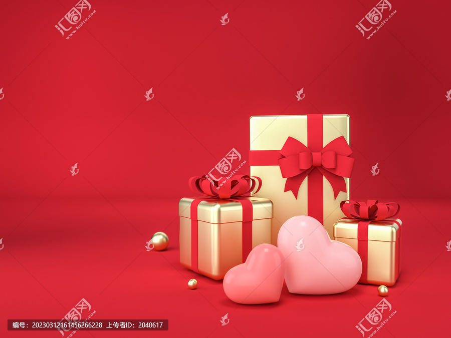 3D粉色爱心金色礼盒红色场景