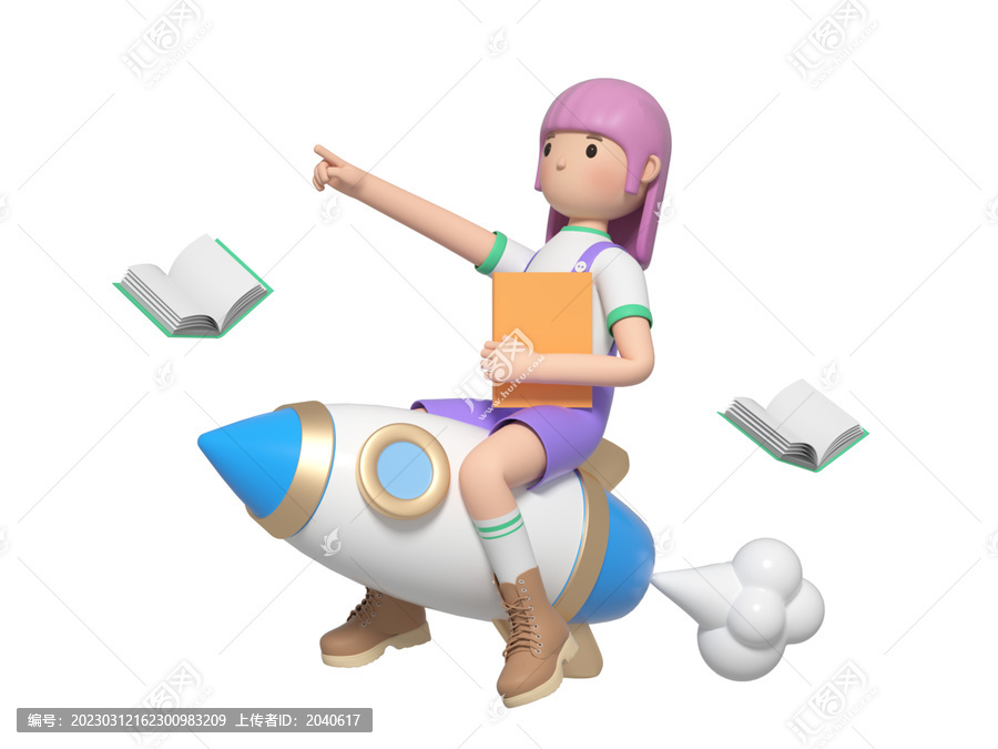 3D卡通骑着火箭飞的儿童