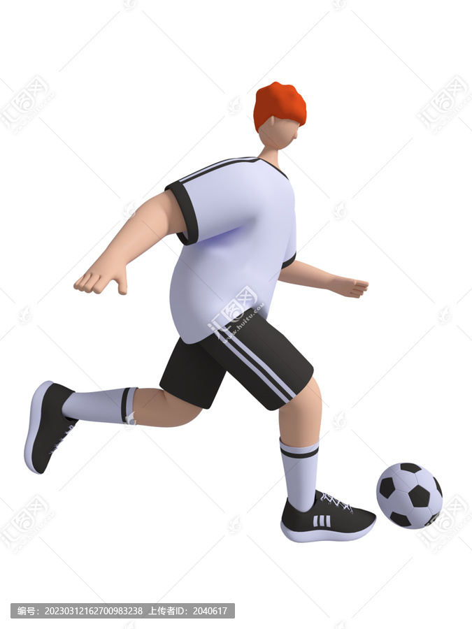 3D黑白球衣运球的足球男孩