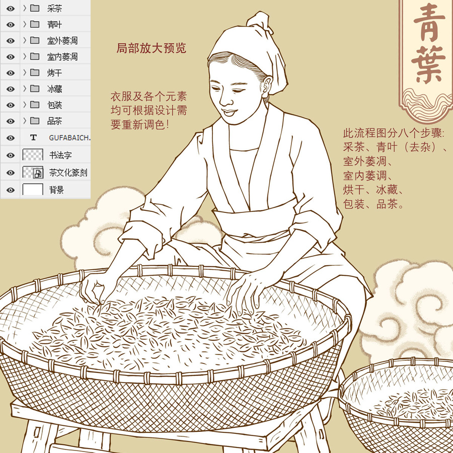 古法白茶工艺流程线描图