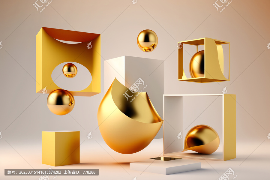 金色几何物体三维渲染