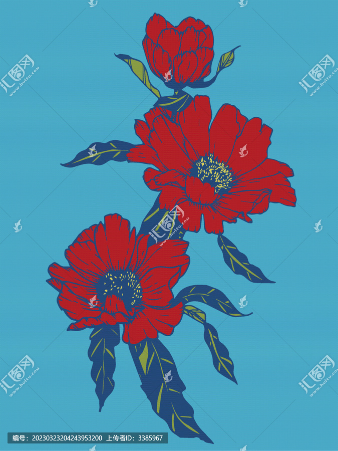 复古花园北欧蓝底红花装饰画