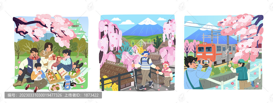 樱花季活动,家庭野餐夫妇健行朋友拍照留念