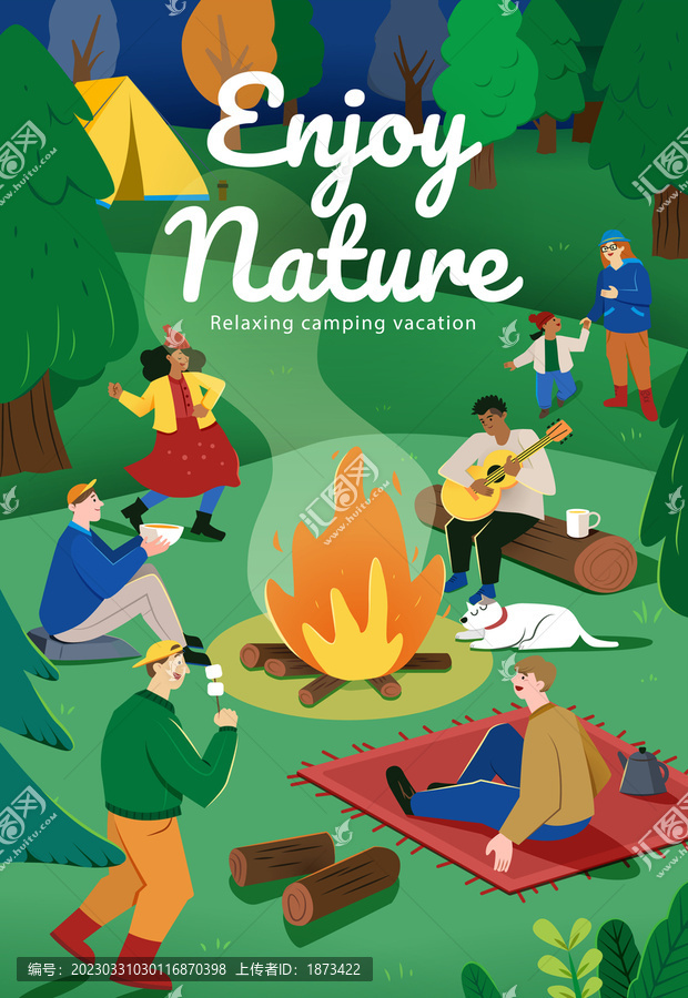 森林里悠闲露营的人物插画海报