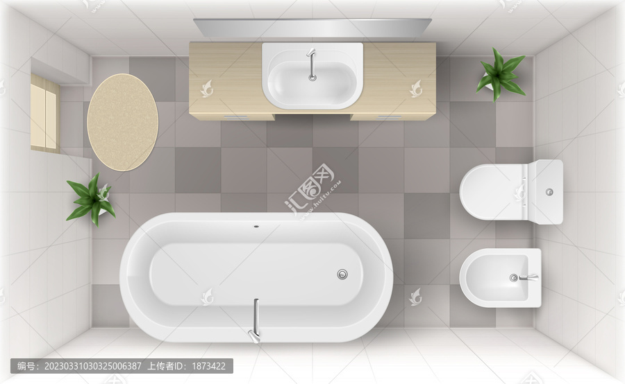 渲染现代浴室内部顶视图