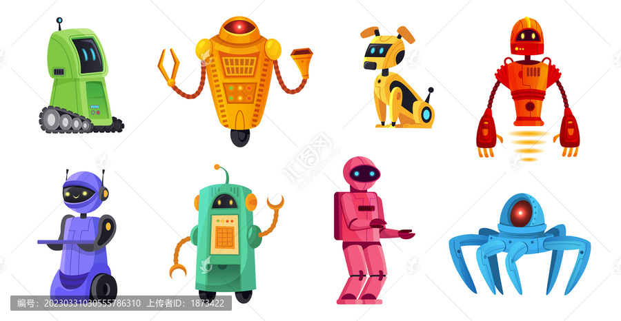 八款创意机器人设计矢量插图
