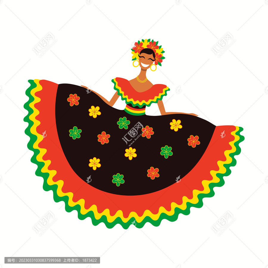 身穿花朵裙子女性,哥伦比亚狂欢节舞蹈插图