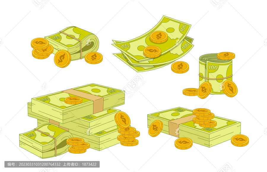 成堆的钞票和金币平面插图素材集合