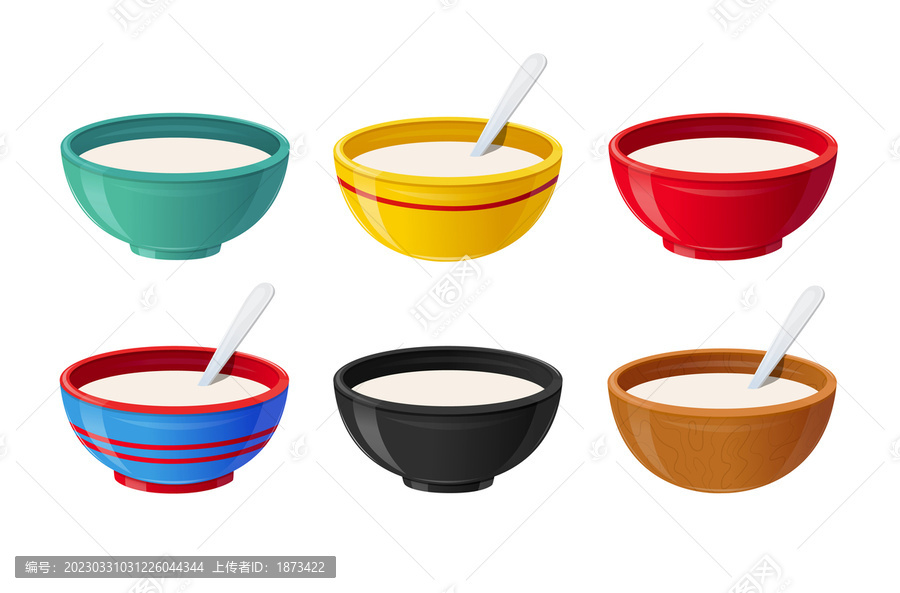 带有勺子的彩色陶瓷碗装满液体插图素材