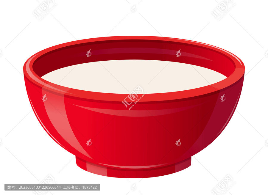 红色陶瓷碗装满液体,早点概念平面插图