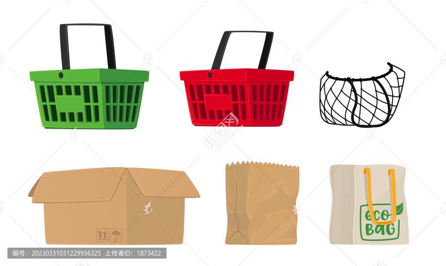 超市购物筐与购物袋插图素材集合