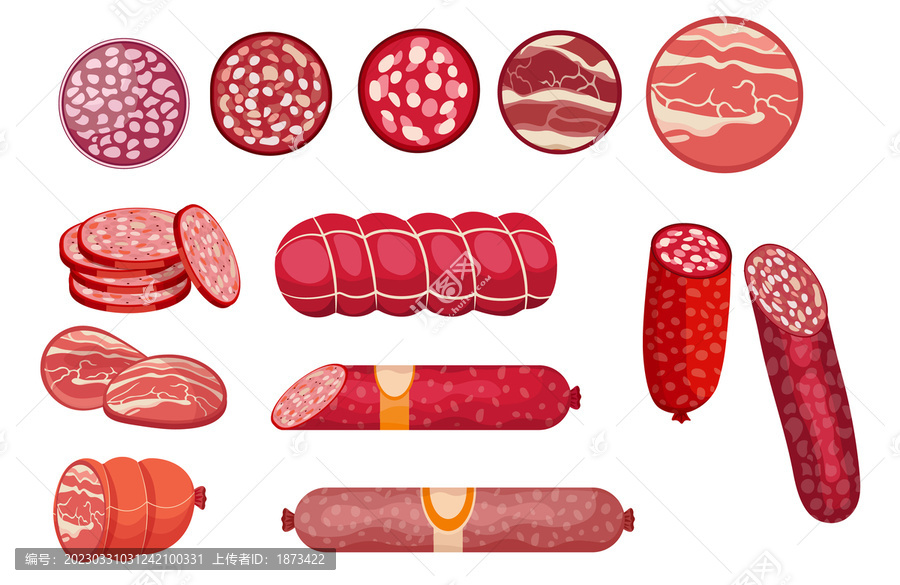 各式意大利烟熏香肠切面,平面插图素材
