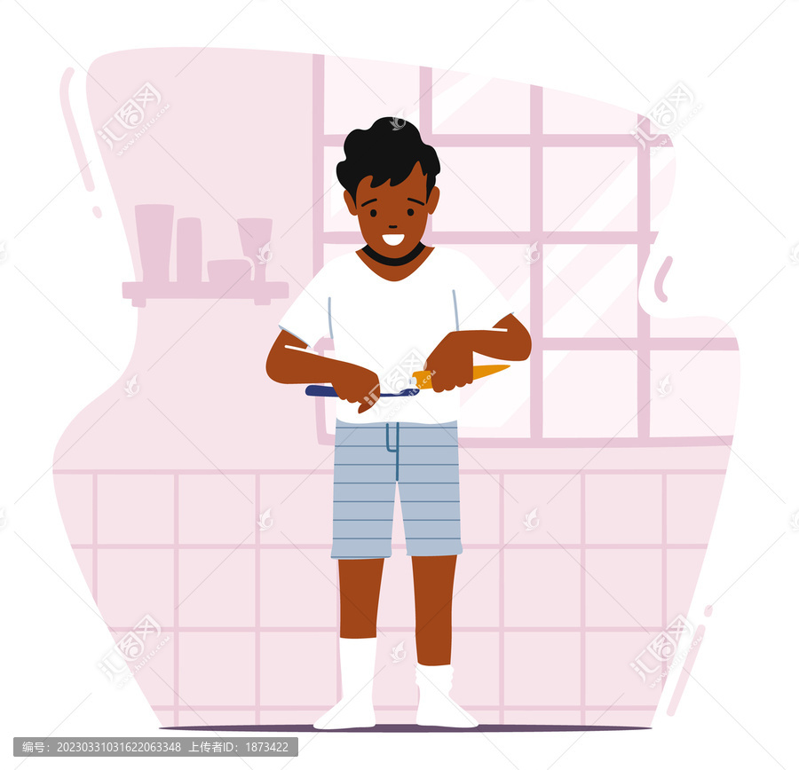 男孩在浴室里挤牙膏,准备刷牙平面插图