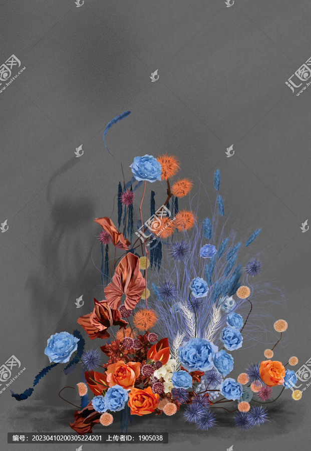 蓝橙色手绘花艺素材