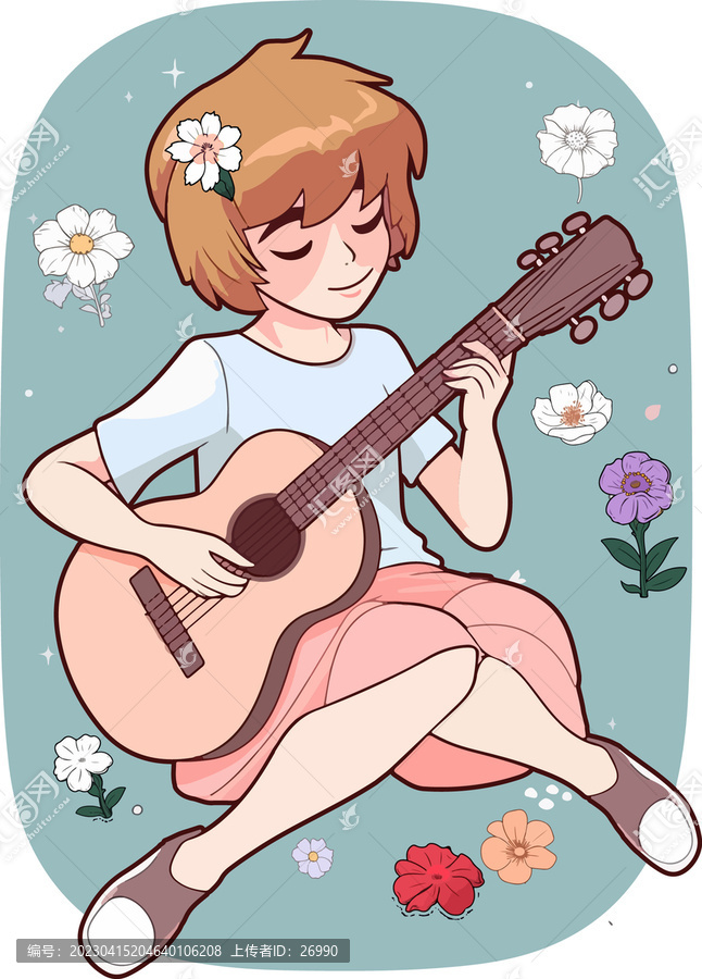 卡通装饰插画弹吉他的女孩B