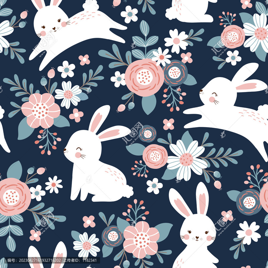 可爱趣味卡通兔子花卉平铺背景