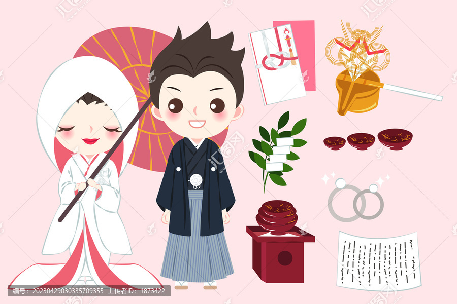 卡通日本传统婚礼插图