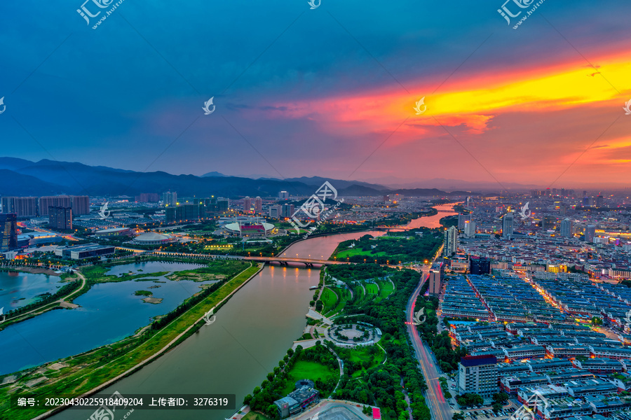 义乌城市晚霞夜景鸟瞰大景