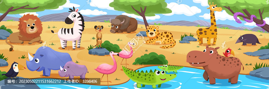 非洲草原野生动物卡通插画