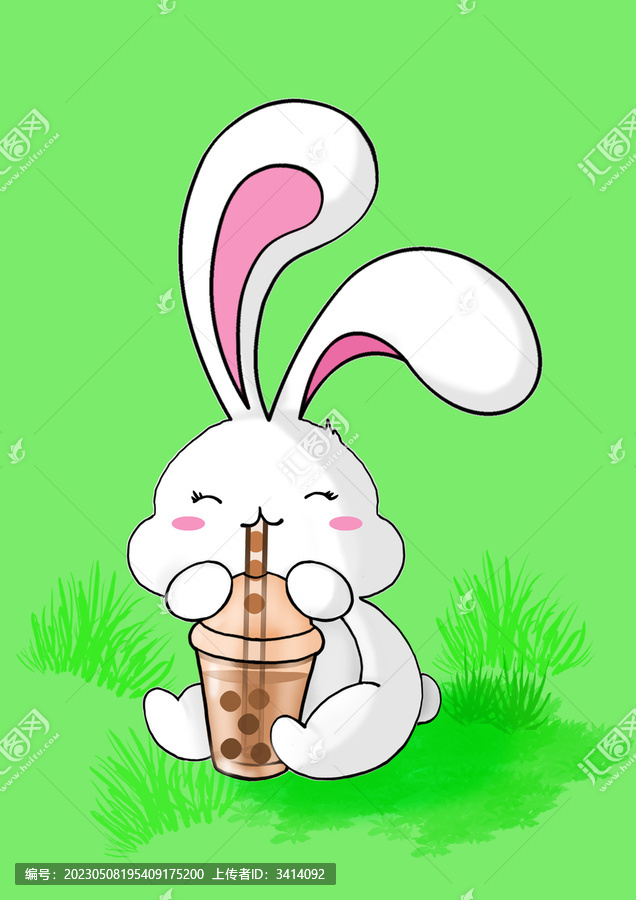 原创卡通动物可爱小白兔喝奶茶