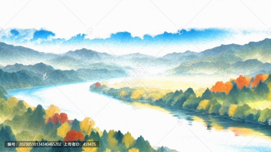 河流森林山水油画