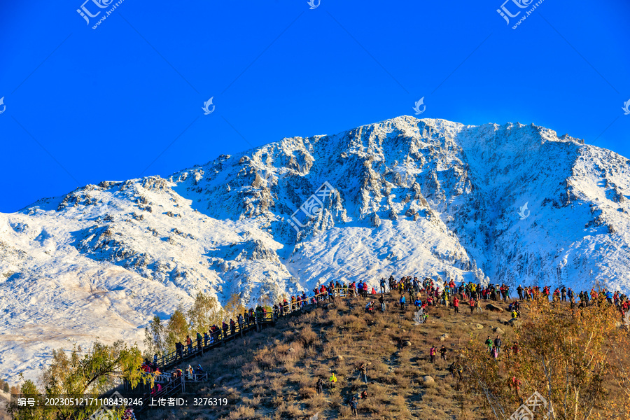 新疆禾木雪山大量人群旅游观光