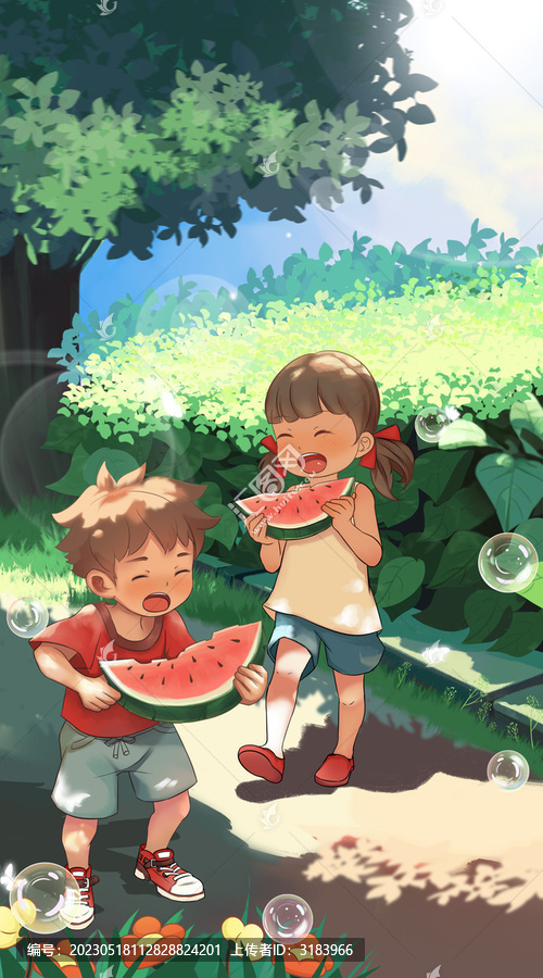 小孩吃西瓜夏天节气竖版海报