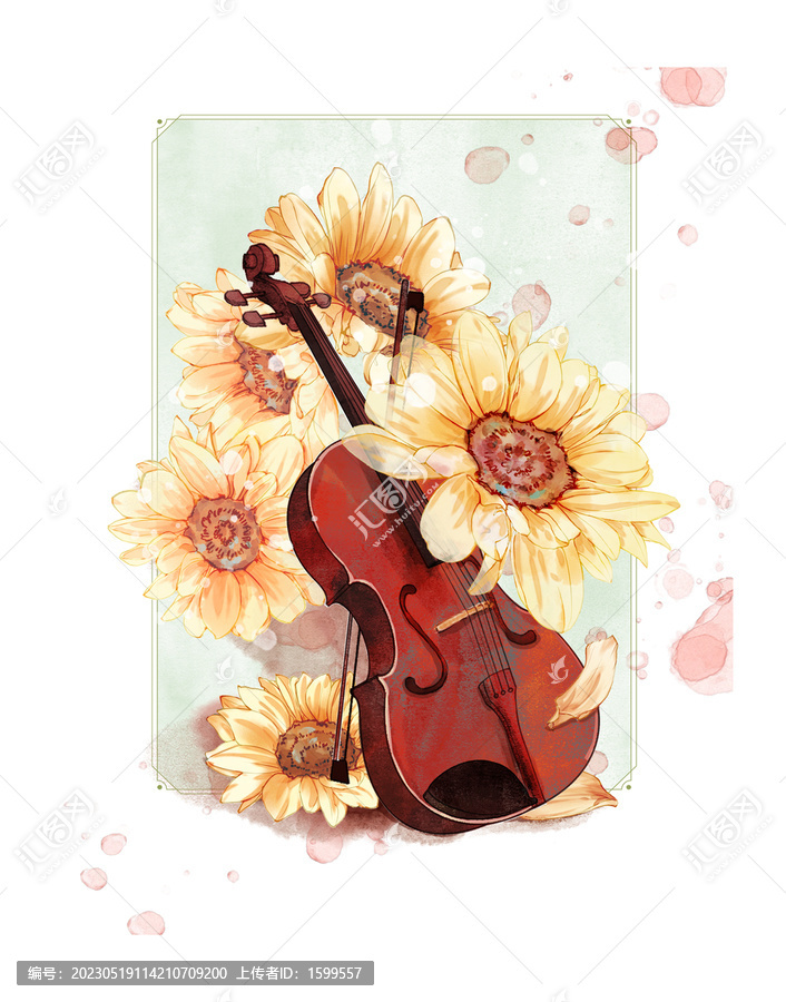向日葵小提琴手绘插画插图