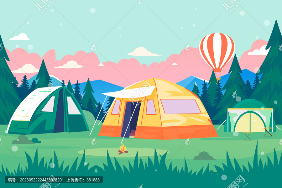 夏天大暑暑期露营帐篷野餐插画
