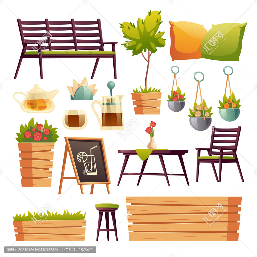 餐厅或户外咖啡厅家具与植栽元素