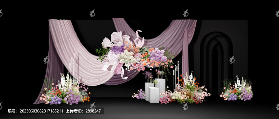 紫色布幔婚礼迎宾区