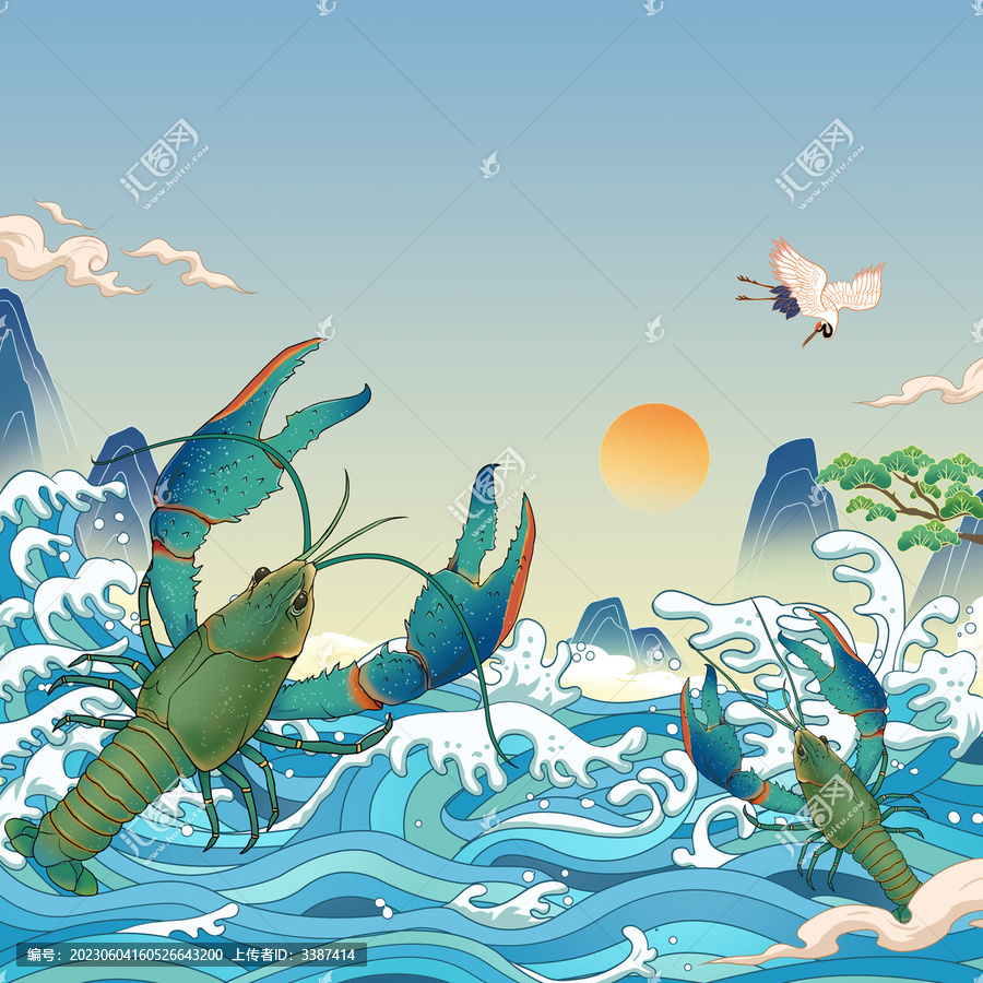 国风国潮澳洲大龙虾手绘插画