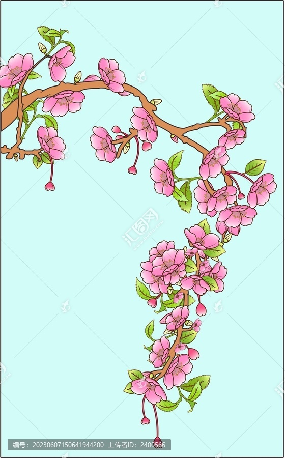 手绘矢量古风樱花树装饰元素