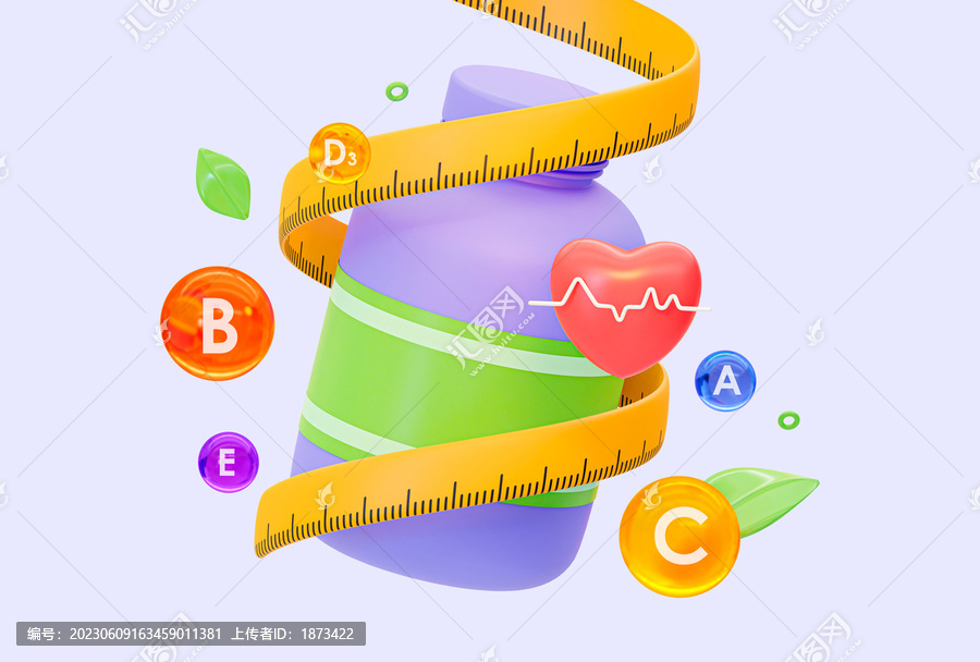 3D可爱风健康维生素保健品概念插画