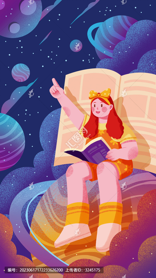 女孩坐在宇宙星球上读书