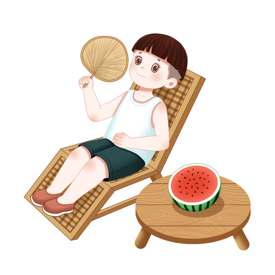 夏天扇扇子纳凉避暑吃西瓜