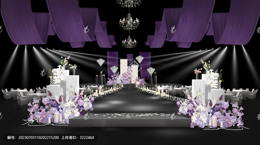 韩式紫色布幔水晶婚礼效果图