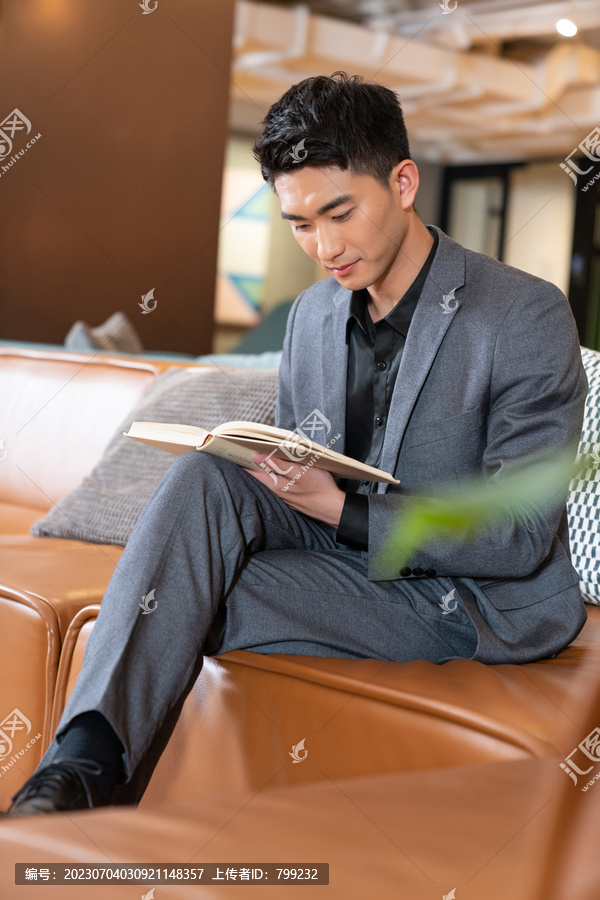 商务人士坐在沙发上看书靠着